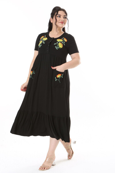 Women's Plus Size Black Embroidered Front Slit Buttoned Dress 65N38169 - 1