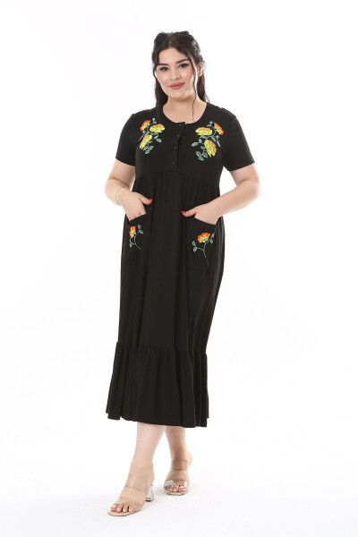 Women's Plus Size Black Embroidered Front Slit Buttoned Dress 65N38169 - 3