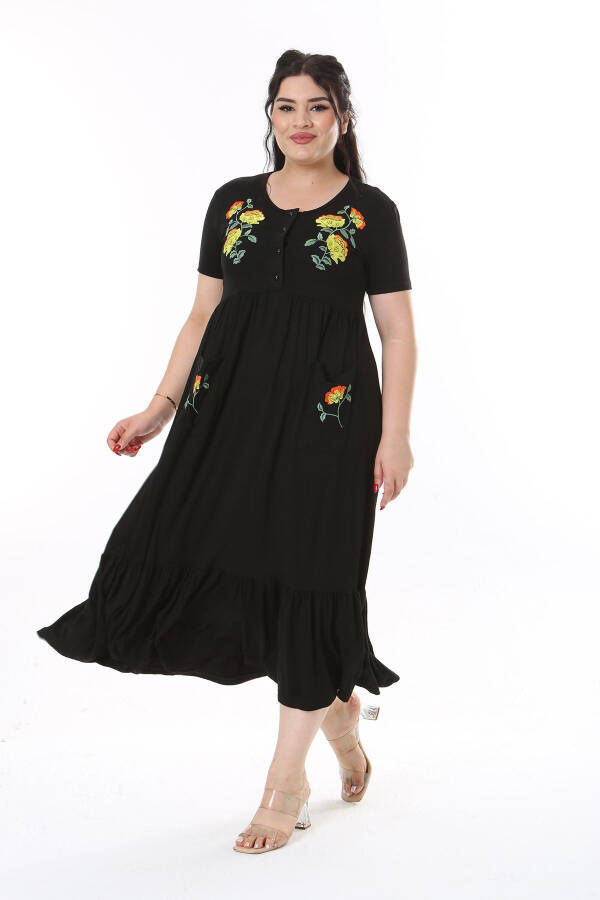 Women's Plus Size Black Embroidered Front Slit Buttoned Dress 65N38169 - 4