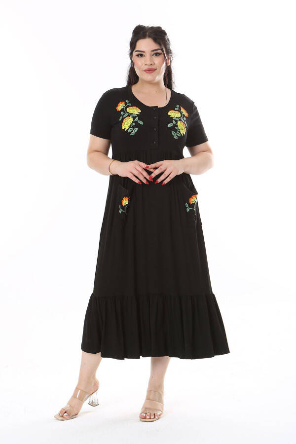 Women's Plus Size Black Embroidered Front Slit Buttoned Dress 65N38169 - 6