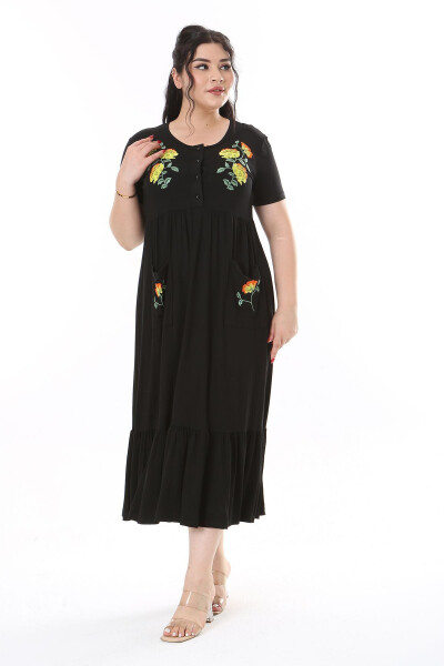 Women's Plus Size Black Embroidered Front Slit Buttoned Dress 65N38169 - 7