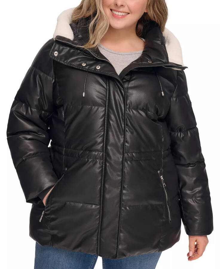 Women's Plus Size Faux-Leather Faux-Shearling Hooded Anorak Puffer Coat Black - 1