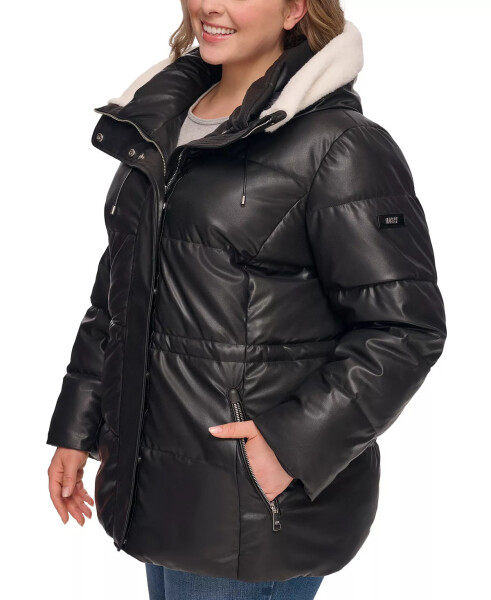 Women's Plus Size Faux-Leather Faux-Shearling Hooded Anorak Puffer Coat Black - 3