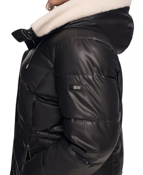 Women's Plus Size Faux-Leather Faux-Shearling Hooded Anorak Puffer Coat Black - 4