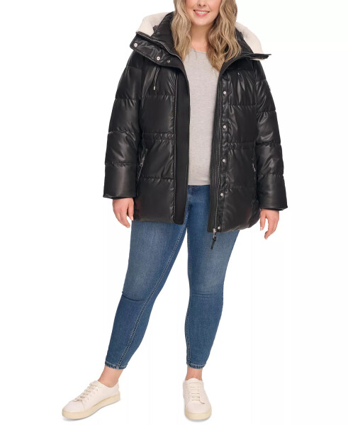 Women's Plus Size Faux-Leather Faux-Shearling Hooded Anorak Puffer Coat Black - 5