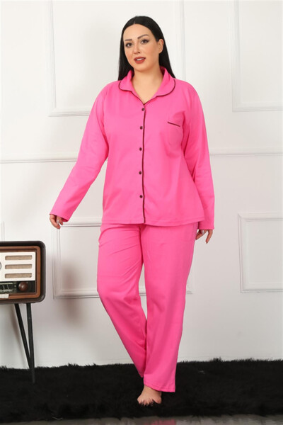 Women's Plus Size Front Buttoned Fuchsia Pajamas Set 202185 - 1