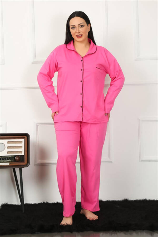 Women's Plus Size Front Buttoned Fuchsia Pajamas Set 202185 - 3