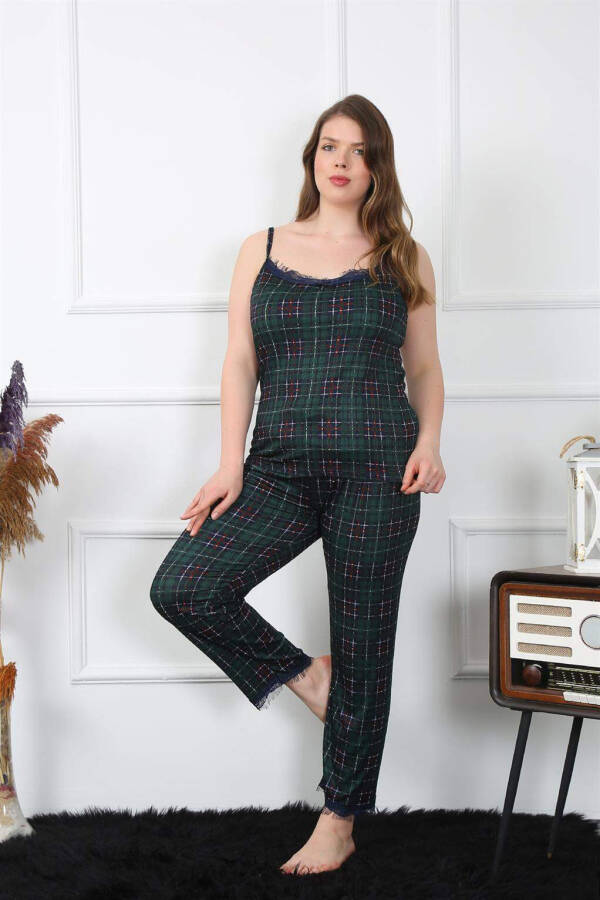 Women's Plus Size Green Plaid Spaghetti Strap Pajama Set 202197 - 4