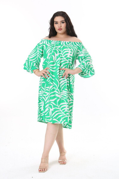 Women's Plus Size Green Woven Viscose Fabric Collar Elastic Short Sleeve Dress 65N38173 - 1