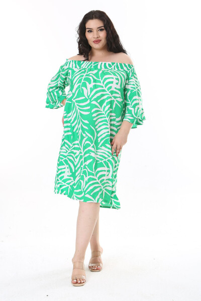 Women's Plus Size Green Woven Viscose Fabric Collar Elastic Short Sleeve Dress 65N38173 - 3