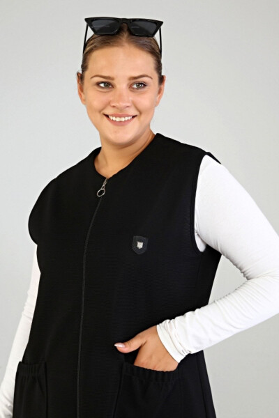 Women's Plus Size Long Sleeveless Zippered Vest Black - 12