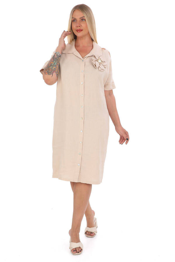 Women's Plus Size Shirt Collar 100% Linen Dress Beige - 1