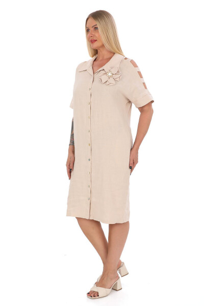 Women's Plus Size Shirt Collar 100% Linen Dress Beige - 2