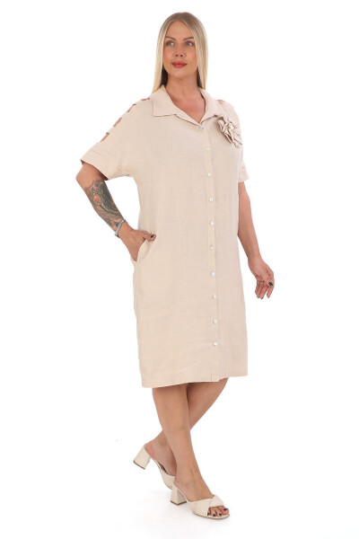 Women's Plus Size Shirt Collar 100% Linen Dress Beige - 3