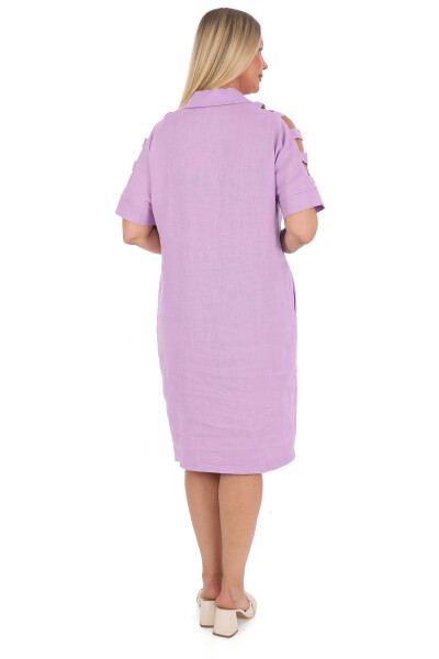 Women's Plus Size Shirt Collar 100% Linen Dress Lilac - 4