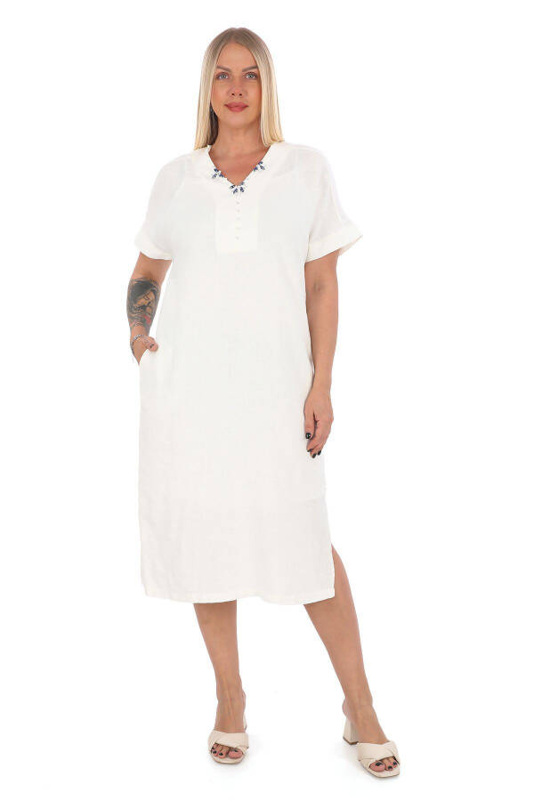 Women's Plus Size V-Neck 100% Linen Dress White - 1