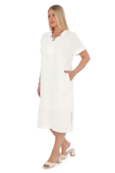 Women's Plus Size V-Neck 100% Linen Dress White - 2