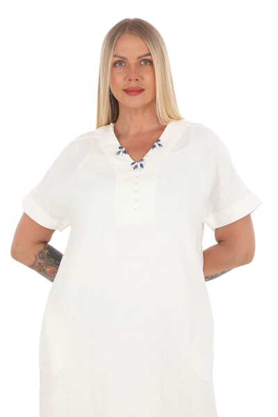 Women's Plus Size V-Neck 100% Linen Dress White - 3