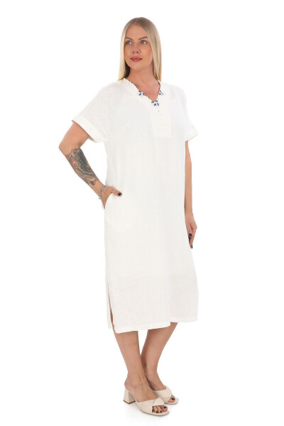 Women's Plus Size V-Neck 100% Linen Dress White - 5