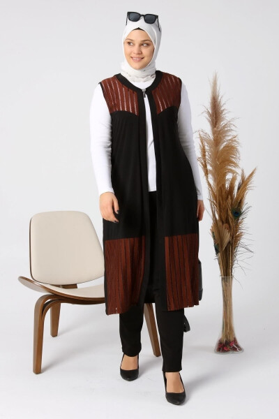 Women's Plus Size Vest Long and Tasseled Brown - 11