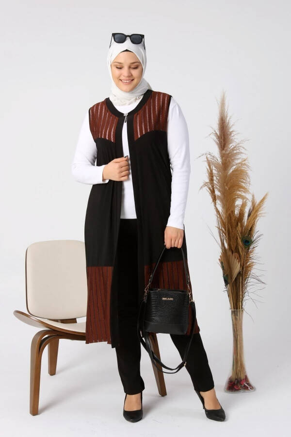 Women's Plus Size Vest Long and Tasseled Brown - 13