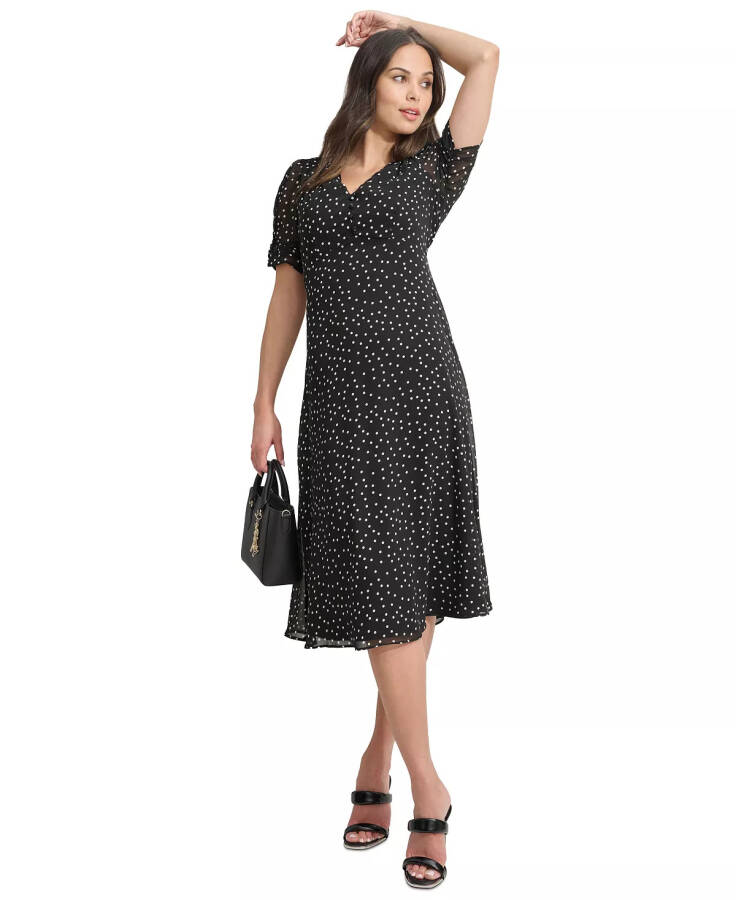 Women's Polka-Dot V-Neck Button-Trim Midi Dress Black/Ivory - 1