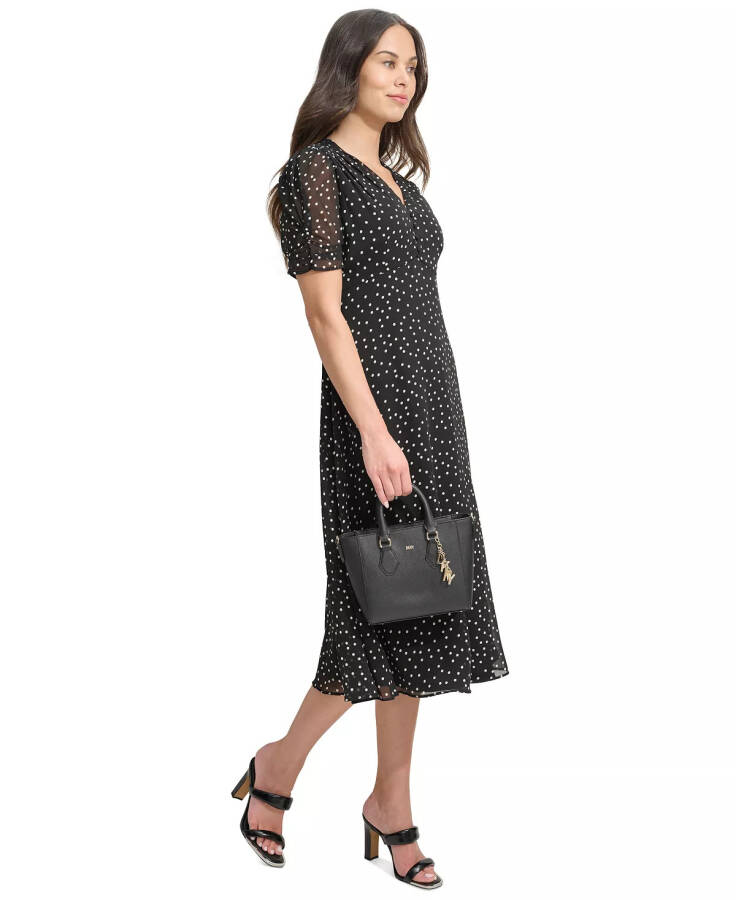 Women's Polka-Dot V-Neck Button-Trim Midi Dress Black/Ivory - 3