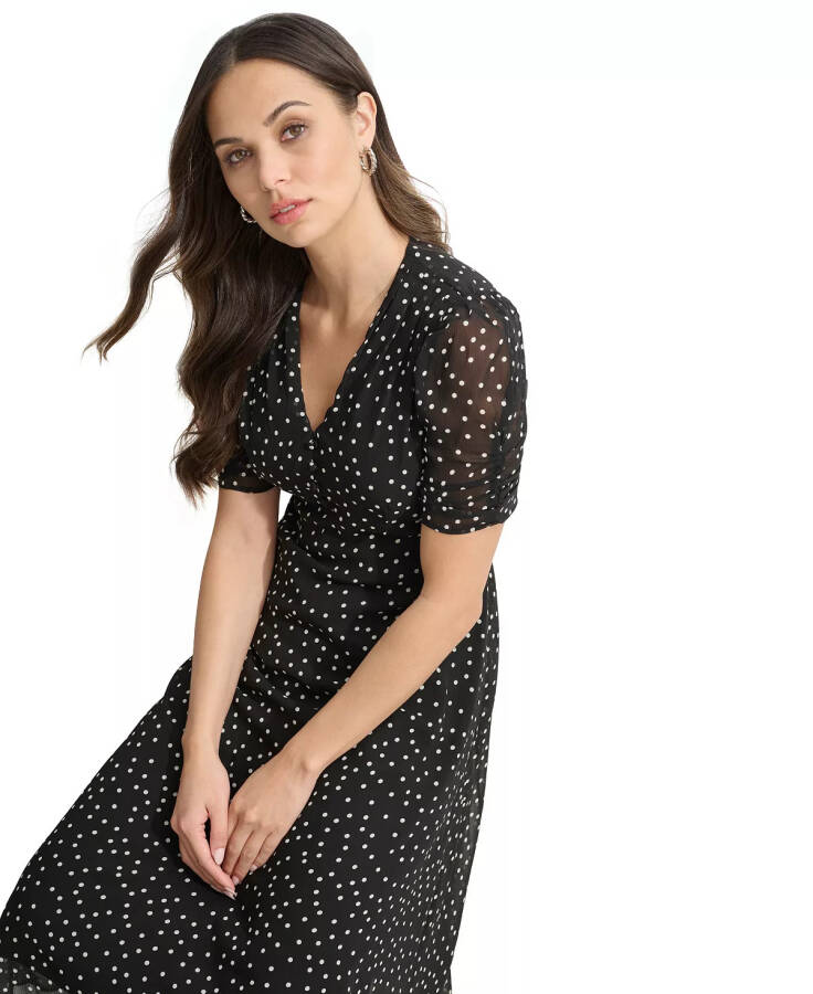 Women's Polka-Dot V-Neck Button-Trim Midi Dress Black/Ivory - 5