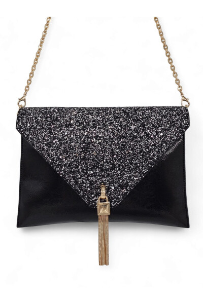 Women's Portfolio & Clutch Bag with Platinum Stone Pattern Chain Strap - 1