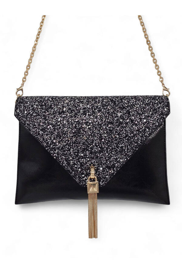 Women's Portfolio & Clutch Bag with Platinum Stone Pattern Chain Strap - 1