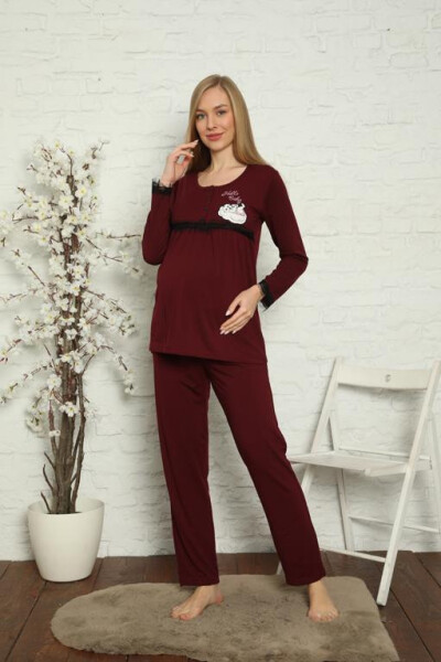 Women's Pregnant Postpartum Claret Red Pajamas Set 45201 - 6