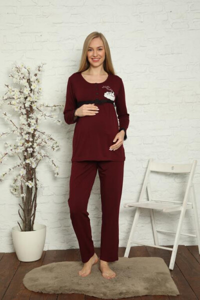 Women's Pregnant Postpartum Claret Red Pajamas Set 45201 - 8