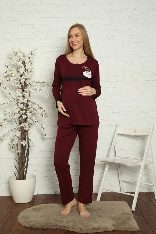 Women's Pregnant Postpartum Claret Red Pajamas Set 45201 - 9