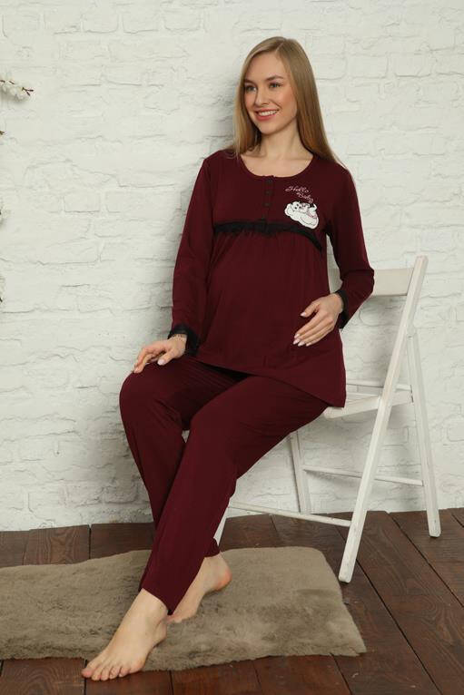 Women's Pregnant Postpartum Claret Red Pajamas Set 45201 - 2