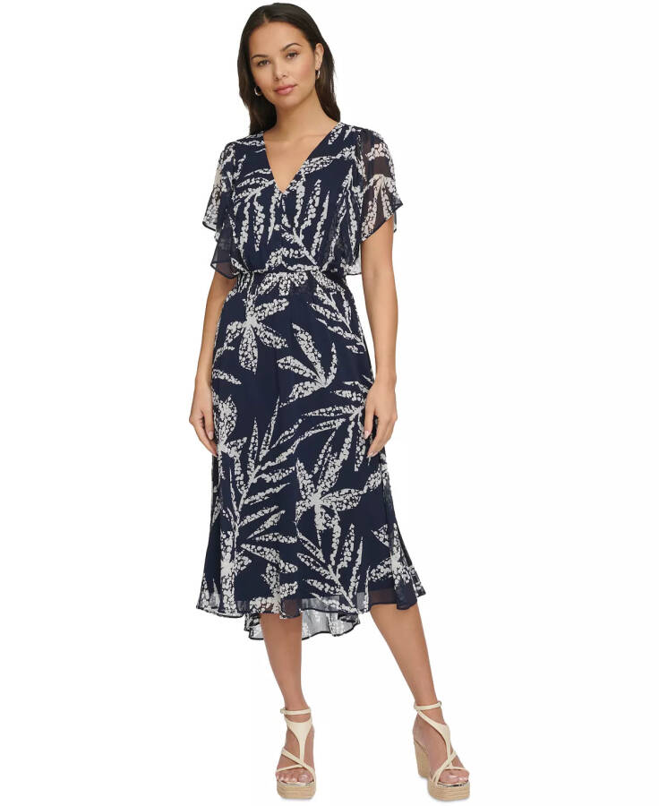 Women's Printed Chiffon Flutter-Sleeve Midi Dress Navy/Ivory - 1