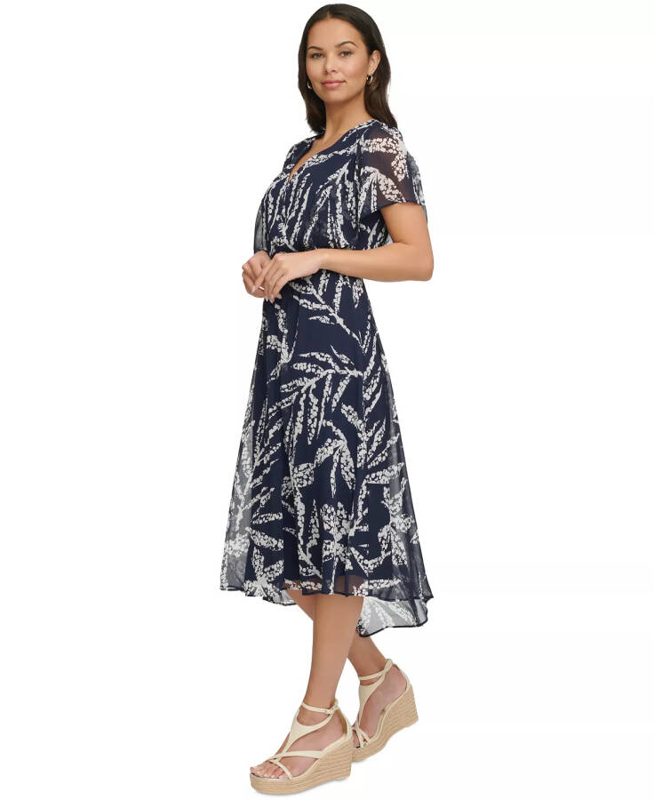 Women's Printed Chiffon Flutter-Sleeve Midi Dress Navy/Ivory - 3