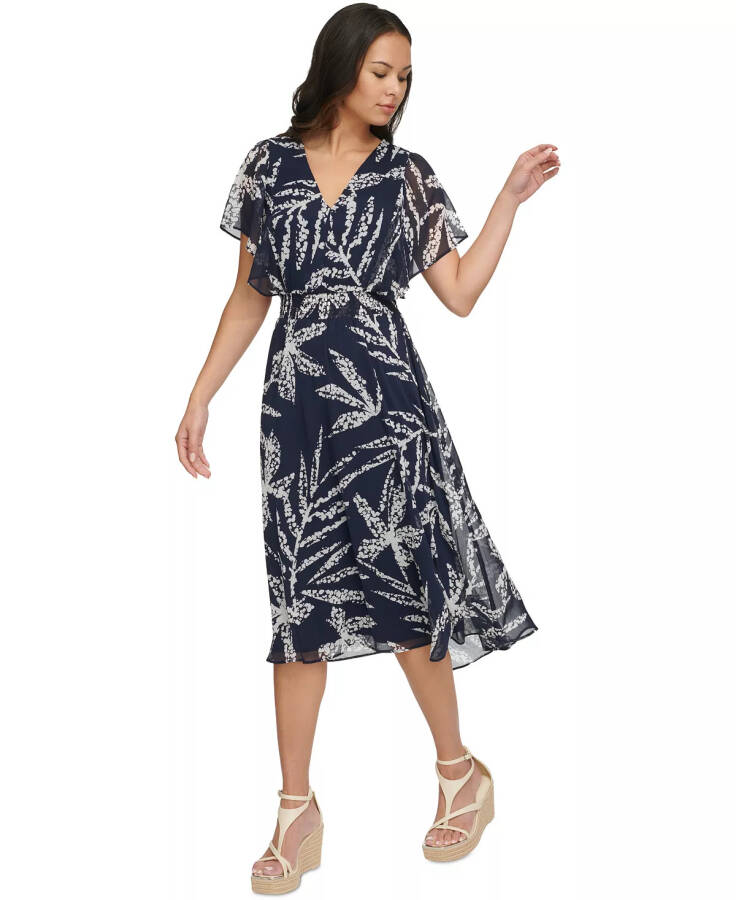 Women's Printed Chiffon Flutter-Sleeve Midi Dress Navy/Ivory - 4