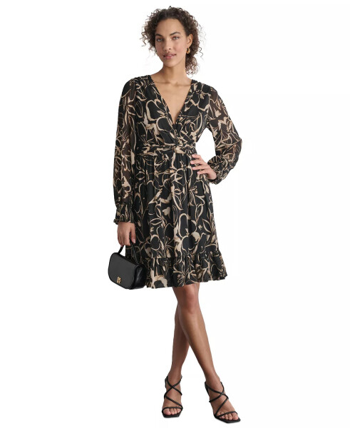 Women's Printed Chiffon Long-Sleeve A-Line Dress Black/Tan - 1