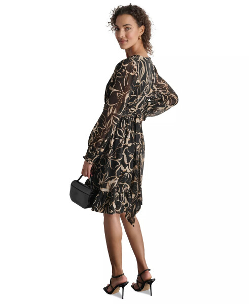 Women's Printed Chiffon Long-Sleeve A-Line Dress Black/Tan - 2