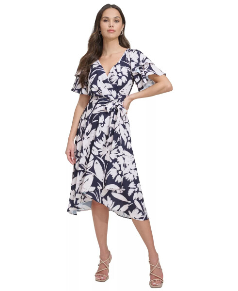 Women's Printed Flutter-Sleeve High-Low Dress Navy - 1