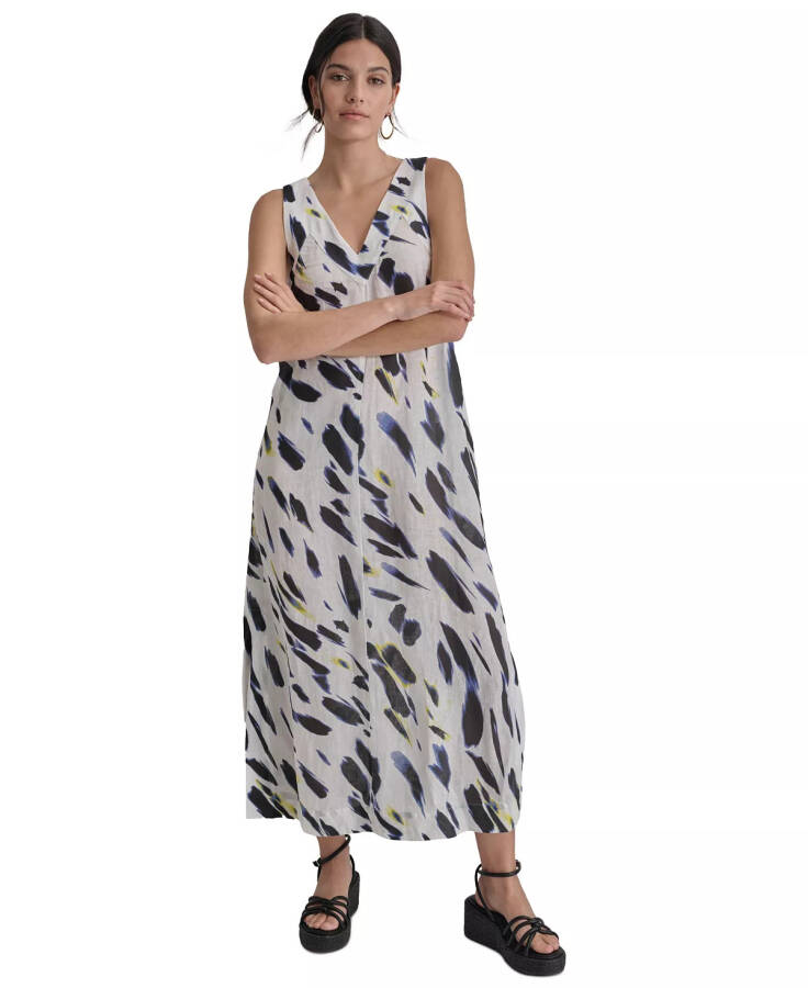 Women's Printed Linen V-Neck Sleeveless Maxi Dress Blk/wave B - 1