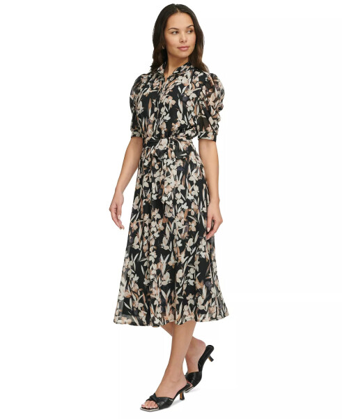 Women's Printed Puff-Sleeve Button-Front Dress Black Multi - 3