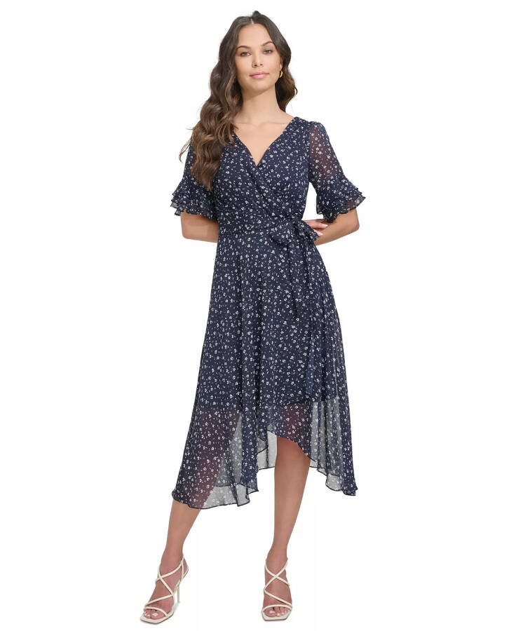 Women's Printed Ruffle-Sleeve Tie-Waist Dress Navy/Cream - 1