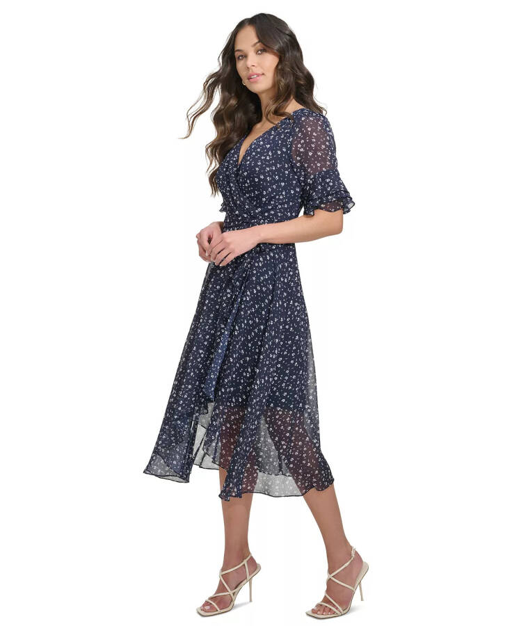 Women's Printed Ruffle-Sleeve Tie-Waist Dress Navy/Cream - 3