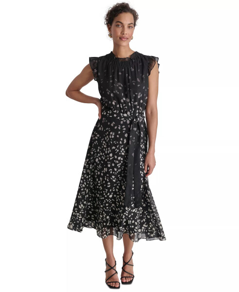 Women's Printed Ruffled Belted Midi Dress Black Multi - 1