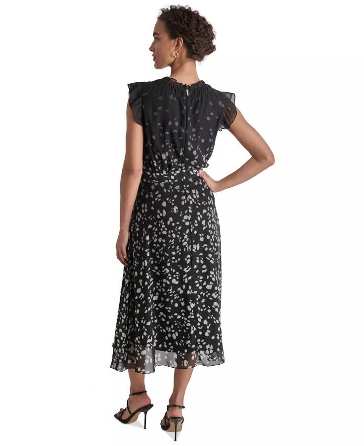 Women's Printed Ruffled Belted Midi Dress Black Multi - 2