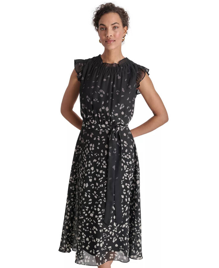 Women's Printed Ruffled Belted Midi Dress Black Multi - 4