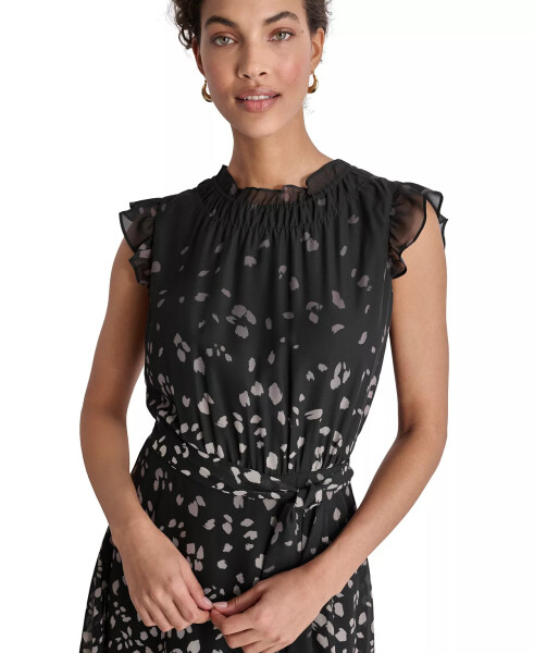 Women's Printed Ruffled Belted Midi Dress Black Multi - 5