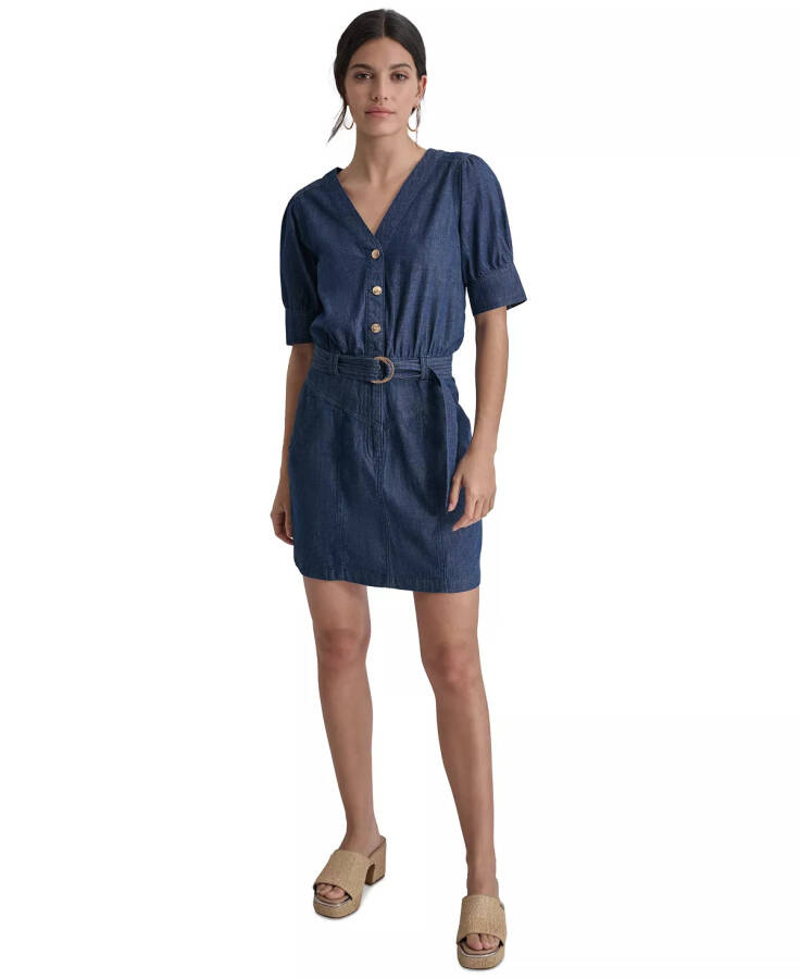 Women's Puff-Sleeve Belted Cotton Denim Shirtdress Lagoon Wash - 1