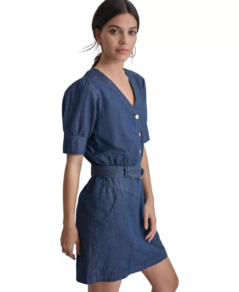 Women's Puff-Sleeve Belted Cotton Denim Shirtdress Lagoon Wash - 4